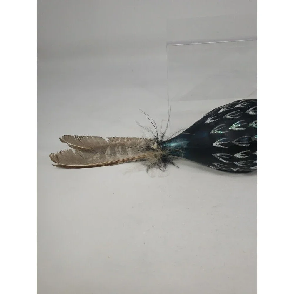 Blown Glass Bird Christmas Tree Ornament Feathers Glitter Dark Green Unique